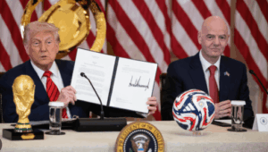 US President Donald Trump (left) and FIFA president Gianni Infantino (right) share a light moment after a signing ceremony for World Cup 2026 in file photo. Trump's immigration policy to hurt Canada co-hosting World Cup